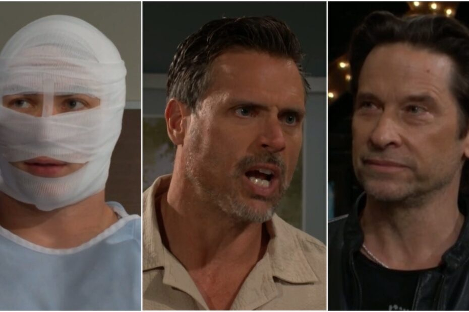 Three men are depicted: the first is heavily bandaged, the second looks agitated, and the third has a thoughtful expression. God, I love these AI generated descriptions! Matt (L), Nick (C), Matt Again (R).