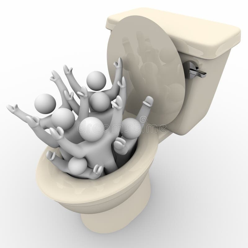 A group of abstract, white humanoid figures are being flushed down a toilet symbolizing the mostly anonymous connections made on LinkedIn, Microsoft’s surveillance system.